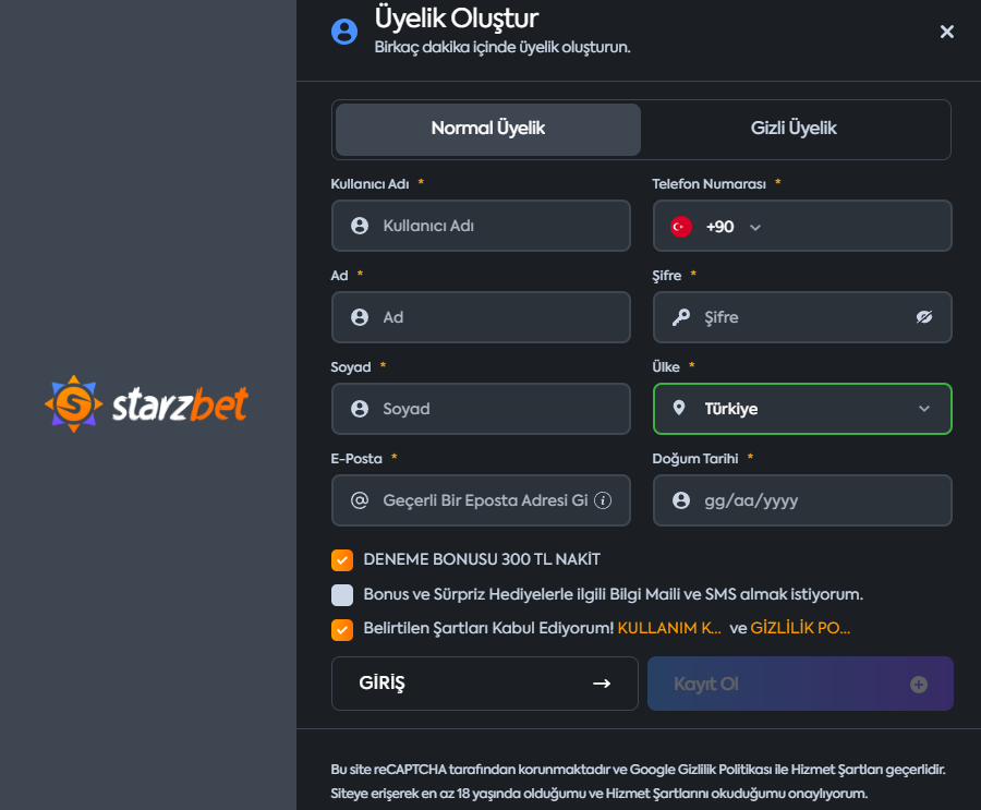 Starzbet'e üyelik ve kayıt işlemleri basit ve hızlı bir şekilde tamamlanır, böylece kullanıcılar geniş oyun yelpazesi ve avantajlı promosyonlardan kolayca faydalanabilirler.